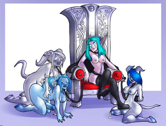 all_fours anal anal_penetration blush bodily_fluids breasts cape chair clothing collar cum cum_while_penetrated dildo doggystyle ejaculation erection female from_behind_position furniture genital_fluids genitals glowing glowing_eyes group gynomorph gynomorph_penetrating hands-free hooves horn intersex intersex_penetrating leash legwear master mistress nipples not_furry orgasm penetration penis sex sex_toy slave strapon tail thigh_highs throne shia blizzard_entertainment warcraft draenei elf humanoid night_elf