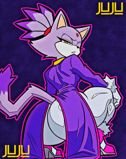 anthro bottomwear clothing coat crouching female footwear forehead_gem fur gem glaring gloves hair handwear high_heels jewelry necklace orange_eyes pants ponytail purple_background purple_body purple_fur shoes simple_background solo tail topwear white_body white_fur badjujuarts sega sonic_the_hedgehog_(series) blaze_the_cat domestic_cat felid feline felis mammal absurd_res hi_res