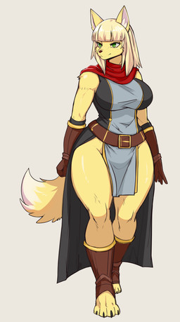 anthro bangs belt big_breasts blonde_hair bottomwear breasts clothed clothing dipstick_tail dress female fluffy fluffy_tail footwear gloves green_eyes hair handwear loincloth markings smile solo tail tail_markings thick_thighs toeless_footwear wide_hips zeekzag canid canine mammal 2023 hi_res