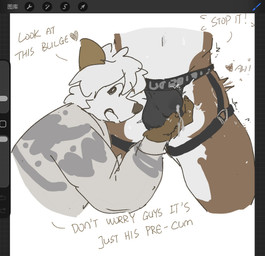 anthro art_program_in_frame bodily_fluids brown_body brown_fur bulge clothed clothing detailed_bulge dialogue duo fur genital_fluids genital_outline hair heart_symbol jockstrap jockstrap_only leaking_precum looking_at_viewer male male/male moan monotone_body monotone_fur multicolored_body multicolored_fur penis_outline precum precum_string precum_through_clothing precum_through_underwear simple_background teasing text topless touching_bulge two_tone_body two_tone_fur underwear underwear_only wet wet_clothing white_body white_fur white_hair wuxbbq canid canine mammal colored_sketch digital_drawing_(artwork) digital_media_(artwork) english_text hi_res sketch