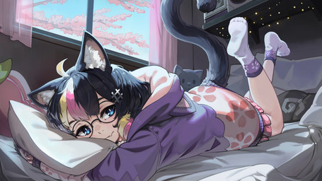 accessory bed blue_eyes cherry_blossom cherry_blossom_tree cherry_tree clothing curtains detailed_background female flower footwear fruit_tree furniture hair_accessory hairclip hoodie inside looking_aside lying on_bed on_front pillow plant plushie prunus_(flower) purple_clothing purple_hoodie purple_topwear smile socks solo tail topwear tree window paintrfiend sako_(sakoneko) animal_humanoid cat_humanoid felid felid_humanoid feline feline_humanoid humanoid mammal mammal_humanoid 16:9 2025 digital_media_(artwork) hi_res widescreen