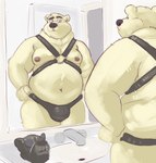 anthro bathroom belly big_belly blue_eyes bulge clothing fur harness leather_daddy male mask mirror moobs navel overweight overweight_male solo underwear white_body white_fur tcw bear mammal polar_bear ursine