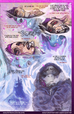 anthro antlers arm_tattoo broken_antler eyes_closed facial_horn fur glowing glowing_eyes hair horn male narration nose_horn purple_hair shoulder_tattoo solo_focus tan_body tan_fur tattoo text tusks bleats tusk_(bleats) deer human mammal rhinoceros water_deer 2026 comic english_text hi_res url