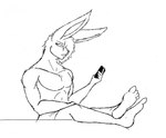 4_toes anthro bottomwear clothed clothing desk electronics feet foot_focus foot_on_table furniture humanoid_feet male pants pecs phone plantigrade pose relaxing soles solo table toes topless caesarmeow bernard_berrisford albino lagomorph leporid mammal rabbit