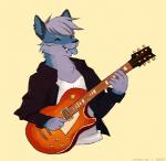 anthro blue_body blue_fur eyes_closed fur guitar hair musical_instrument musician playing_guitar playing_music plucked_string_instrument purple_body purple_fur purple_hair smile solo string_instrument tongue tongue_out princessharumi kenko canid canine canis mammal wolf 2015