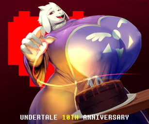 5_fingers anniversary anthro big_breasts birthday_cake breasts cake candle clothing delta_rune_(emblem) dessert dress elemental_manipulation eyebrows eyelashes female female_anthro fingers fire fire_manipulation floppy_ears food fur huge_breasts hyper hyper_breasts lit_candle nipple_outline number_candle open_mouth purple_clothing purple_dress red_eyes solo symbol text thick_thighs tongue white_body white_fur liodimor undertale undertale_(series) toriel boss_monster_(undertale) bovid caprine goat mammal 2025 6:5 absurd_res english_text hi_res