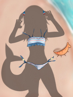 accessory beach beachwear bikini bikini_bottom bikini_top bra clothing female hair hair_accessory hairpin knock-kneed offscreen_character offscreen_female panties pose sand sea shadow shark_tail short_hair solo suggestive swimwear two-piece_swimsuit underwear water young akuruatsu hololive hololive_en vtuber gawr_gura aquatic arthropod crustacean humanoid shrimp 2025 3:4 hi_res