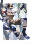 anthro blue_body blue_fur bottomwear clothing feet fingerless_gloves fur gloves hair handwear hat headgear headwear hindpaw holding_object looking_at_viewer male paws shirt shorts solo tail topwear white_body white_fur guaishoudm1 canid mammal 2025 absurd_res distracting_watermark hi_res watermark