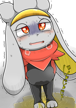 anthro blush bodily_fluids breath embarrassed fear_peeing fear_wetting fur genital_fluids grey_body grey_fur half-closed_eyes hand_in_pocket happy looking_pleasured looking_up male narrowed_eyes open_mouth orange_eyes peeing pockets shaking snot solo tears text toeless_legwear trembling urine wetting young young_anthro young_male queen_kemono nintendo pokemon generation_8_pokemon pokemon_(species) raboot 2025 absurd_res hi_res japanese_text