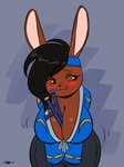 anthro between_breasts big_breasts black_hair blush breasts cleavage clothed clothing club_(weapon) eyebrows eyelashes female freckled_face freckles hair melee_weapon nightstick simple_background smile solo thick_thighs weapon joaoppereiraus dovonna_(ninjadougie) lagomorph leporid mammal rabbit 2024 hi_res