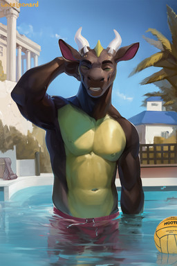 anthro ball black_body blue_sky building classical_architecture clothed clothing eyes_closed green_chest hand_on_head horn light male nipples partially_submerged pecs plant sky solo swimming_pool swimming_trunks swimwear topless topless_anthro topless_male tree volleyball_(ball) water whiteleonard mythology lizeron dragon mythological_creature mythological_scalie scalie 2026 digital_media_(artwork) hi_res lighting signature