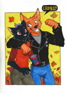 alternative_fashion anthro black_body black_eyes black_fur bottomwear clothed clothing denim denim_bottomwear denim_clothing duo female fur grin jacket jeans leaf male orange_body orange_fur pants pink_nose punk red_eyes simple_background smile text topwear ango76 night_in_the_woods gregg_lee mae_borowski canid canine domestic_cat felid feline felis fox mammal 2017 english_text hi_res