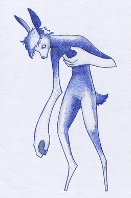 ambiguous_gender anthro hand_above_breast hooves long_ears long_hands looking_down simple_background solo tail unguligrade adeptus-monitus black_and_white monochrome traditional_media_(artwork)
