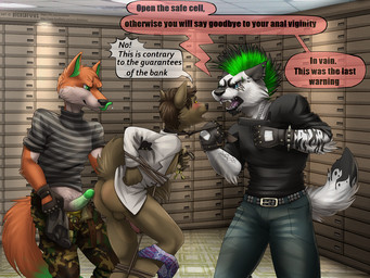 aiming aiming_gun aiming_weapon alternative_fashion anthro arm_tattoo arms_tied aroused aroused_by_another aroused_face aroused_male backsack balaclava balls bank belt biceps black_balaclava black_belt black_body black_bottomwear black_clothing black_facial_hair black_fur black_gloves black_goatee black_handwear black_mask black_necktie black_pants black_shirt black_topwear blue_bottomwear blue_boxers blue_clothing blue_eyes blue_jeans blue_pants blue_underwear blush blush_lines bottomless bottomless_anthro bottomless_male bottomwear bound boxers_(clothing) brown_body brown_fur brown_hair butt camo camo_bottomwear camo_clothing camo_pants camo_print captured chain chain_necklace clothed clothing clothing_around_one_leg crime criminal delinquent denim denim_bottomwear denim_clothing dialogue dominant dominant_anthro dominant_male ear_piercing ear_ring erection exposed_butt facial_hair fangs fangs_bared fierce fierce_expression fur genitals gloves goatee grabbing_another green_body green_bottomwear green_clothing green_fur green_hair green_mohawk green_pants green_penis grey_clothing grey_shirt grey_topwear group gun hair handgun handwear holding_another holding_gun holding_handgun holding_key holding_necktie holding_object holding_pistol holding_ranged_weapon holding_weapon hostage imminent_rape imminent_sex intimidation jeans jewelry key kidnapping legs_tied licking licking_lips looking_back looting male male/male manhandling manly mask menancing mohawk multicolored_body multicolored_boxers multicolored_clothing multicolored_fur multicolored_underwear muscular muscular_anthro muscular_male necklace necktie necktie_grab open_bottomwear open_clothing open_pants orange_body orange_fur pants partially_clothed pattern_bottomwear pattern_clothing pattern_pants pattern_shirt pattern_topwear penis piercing pistol punk purple_boxers purple_clothing purple_underwear ranged_weapon rear_view rebel ring_piercing robber robbery robbing secretly_loves_it shirt speech_bubble standing stealing striped_clothing striped_shirt striped_topwear stripes submissive submissive_anthro submissive_male tail tattoo teeth text thick_arms thick_thighs thief threatening threatening_rape threatening_violence threatening_with_weapon thug tight_bottomwear tight_clothing tight_pants tight_shirt tight_topwear tongue tongue_out topwear tough_guy trio two_tone_body two_tone_fur underwear underwear_around_one_leg underwear_down unzipped unzipped_clothing unzipped_pants vault weapon white_body white_clothing white_fur white_shirt white_topwear yellow_clothing yellow_eyes yellow_underwear zipper dichlofous canid canine canis fox mammal murid murine rat rodent wolf english_text