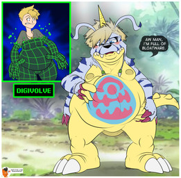 after_transformation animal_skin anthro belly blonde_hair blue_eyes blush border fupa fur hair horn male moobs nipples overweight solo striped_body striped_fur stripes text transformation weight_gain white_border wireframe yellow_body kanada bandai_namco digimon matt_ishida digimon_(species) gabumon human mammal scalie english_text hi_res url