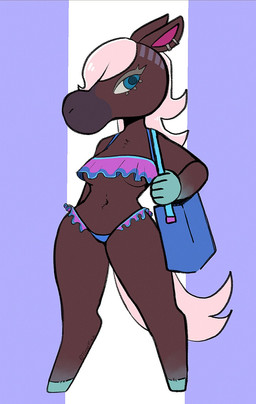 anthro bikini bikini_thong bikini_top blue_eyes breasts brown_body brown_fur clothing deep_navel eyelashes female front_view fur hair holding_purse hooves medium_breasts midriff navel painted_hooves pattern_background pink_hair purse simple_background solo striped_background swimwear tail two-piece_swimsuit under_boob unguligrade tiredfizz animal_crossing nintendo reneigh_(animal_crossing) equid equine horse mammal 2024 hi_res