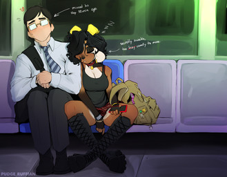 anthro backpack boots bottomwear bracelet clothed clothed_anthro clothed_female clothing collar countershading duo ear_piercing ear_ring eyewear female female_anthro female_focus footwear glasses hair horn jewelry male necktie piercing public_transportation ring_piercing shirt shoes sitting skirt sleeping sleeping_on_another tan_body tank_top text topwear conditional_dnp pudgeruffian kody_(pudgeruffian) bovid caprine goat human mammal absurd_res artist_name colored detailed digital_drawing_(artwork) digital_media_(artwork) english_text hi_res signature