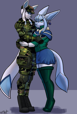 armor army_clothing blue_body bottomwear clothing female hug jacket male skirt topwear bear213 nintendo pokemon eeveelution generation_4_pokemon glaceon pokemon_(species) 2025 full-length_portrait hi_res portrait