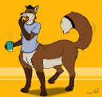 beverage bottomless clothed clothing coffee open_mouth quadruped solo yawn nisharu canid canid_taur canine canine_taur fox fox_taur mammal mammal_taur taur flat_colors