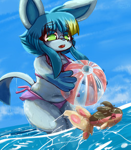 ambiguous_gender anthro ball beach belly big_ears bikini blue_body blue_hair breasts brown_body clothed clothing female feral green_eyes hair holding_object looking_down low-angle_view motion_lines multicolored_body multicolored_hair open_mouth outside playing seaside short_hair shortstack sky skyscape solo surprised swimwear tail thick_thighs two-piece_swimsuit two_tone_body two_tone_hair water wet wet_body wet_clothing dennhaze nintendo pokemon irene_(dennhaze) aquatic eeveelution finneon fish generation_4_pokemon glaceon mammal pokemon_(species) shiny_pokemon absurd_res digital_media_(artwork) hi_res