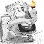 ambiguous_gender anthro belly belly_overhang big_belly biped bodily_fluids burger chair chair_breaking clothed clothing ear_piercing eating food fur furniture holding_food holding_object love_handles morbidly_obese morbidly_obese_ambiguous obese obese_ambiguous obese_anthro open_mouth overweight overweight_ambiguous overweight_anthro piercing sitting solo surprise surprised_expression sweat thick_thighs topless torn_clothing worried worried_look honeybeebonfire domestic_cat felid feline felis mammal 1:1 absurd_res greyscale hi_res monochrome nonbinary_(lore)