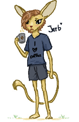 ambiguous_gender anthro beverage black_eyes bottomwear brown_hair clothed clothing coffee coffee_mug fur hair long_ears shirt shorts solo tail text topwear yellow_body yellow_fur ellathefoxy jerb_(ellathefoxy) dipodid jerboa mammal rodent english_text low_res sketch