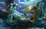 abs anthro anthrofied blonde_hair blue_eyes circlet clothed clothing crossdressing depth_of_field ear_piercing flower fur gerudo_outfit green_body green_fur hair hand_behind_head lily_pad looking_at_viewer male navel open_mouth piercing plant pose solo spreading text water water_lily wet momobeda breath_of_the_wild nintendo the_legend_of_zelda link_(wolf_form) canid canine canis gerudo mammal wolf absurd_res hi_res pinup url