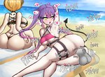 beach big_breasts big_butt bikini bikini_thong blonde_hair blush bodily_fluids breasts butt clothing disembodied_penis female female_penetrated genitals hair heart_symbol lying male male/female male_penetrating male_penetrating_female on_side penetration penis pigtails purple_hair seaside sex spade_tail sweat swimwear tail two-piece_swimsuit xelsword hololive vtuber tokoyami_towa yozora_mel demon demon_humanoid humanoid hi_res