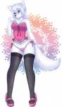 anthro biped breasts camel_toe clothing corset female half-closed_eyes legwear lingerie narrowed_eyes panties simple_background smile solo standing thigh_highs topwear underwear priincessu canid canine canis mammal wolf hi_res