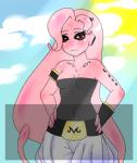 2014 alien alien_humanoid anthro breasts cleavage clothed clothing dragon_ball female hair humanoid long_hair looking_at_viewer low_res majin majin_bu monster monster_girl_(genre) red_eyes smile solo tsunderepalette