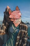 anthro breasts clothed clothing covered_eyes female hair hair_over_eyes jewelry necklace obscured_eyes pattern_clothing photo_background pink_hair plaid plaid_clothing solo topwear kuma-arts mammal draw_over hi_res photography_(artwork) portrait trans_(lore) trans_woman_(lore)