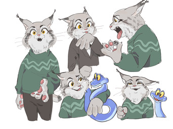 anthro clothing duo feral fur grey_body grey_fur hug male paws smile suit sweater topwear 1d1ot disney zootopia gary_de'snake pawbert_lynxley canada_lynx felid feline lynx mammal pit_viper reptile scalie snake viper hi_res