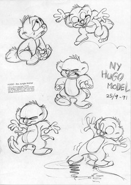 4_fingers angry anthro banana biped clenched_teeth fingers fist food fruit fur looking_aside male open_mouth plant simple_background sitting smile solo standing surprised tail teeth text walking white_background dan_harder jungledyret_hugo hugo_(jungledyret) mammal marsupial vombatiform 1991 concept_art danish_text english_text model_sheet monochrome official_art sketch_page traditional_media_(artwork)
