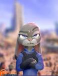 anthro clothing crossed_arms female floppy_ears frown fur grey_body grey_fur long_ears looking_at_viewer outside patreon_logo patreon_username police police_uniform purple_eyes solo text uniform unimpressed website_logo northernsprint disney patreon zootopia judy_hopps lagomorph leporid mammal rabbit 2016 english_text hi_res