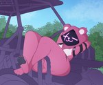 2023 4_toes :3 anthro barefoot bear big_butt black_pawpads breasts butt claws conditional_dnp crossed_ankles crossed_legs cuddly_(fortnite) dashboom detailed_background epic_games eye_scar eyes_closed facial_scar featureless_crotch feet female fluffy_paws fortnite fur golf_cart hands_behind_head hindpaw lounging lying mammal nature nature_background on_back outside pawpads paws pink_body pink_fur plantigrade raven_team_leader scar screen screen_face shadow_face sky smile soles solo thick_thighs toe_claws toes vehicle watermark wide_hips