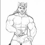 anthro bulge detailed_bulge genital_outline male muscular muscular_anthro muscular_male penis_outline solo lykosthewolf lykos canid canine canis mammal wolf low_res monochrome unfinished