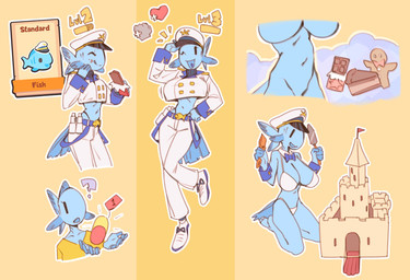 5_fingers anthro anthrofied arms_bent belt big_breasts bikini bikini_bottom bikini_top binoculars biped blue_belt blue_body bottomwear breasts button_(fastener) cake candy chocolate chocolate_bar closed_smile clothed clothed_anthro clothed_female clothing collarbone dessert drugs eating_chocolate emanata empty_eyes eyelashes eyes_closed female female_anthro fin fingers food footwear fully_clothed fully_clothed_anthro fully_clothed_female gameplay_mechanics gills hand_on_hip hat head_fin headgear headwear holding_candy holding_chocolate holding_food holding_object kneeling looking_at_viewer midriff mouth_closed navel non-mammal_breasts noseless number one_eye_closed open_mouth open_smile outline pants peaked_cap pills pose question_mark sailor_cap sailor_uniform sand_castle sculpture shirt shoes simple_eyes smile solo stylized_empty_eyes swimwear tail tail_fin topwear two-piece_swimsuit uniform white_bikini white_bottomwear white_clothing white_footwear white_outline white_pants white_shirt white_shoes white_swimwear white_topwear wink winking_at_viewer yellow_clothing yellow_shirt yellow_topwear kambi super_auto_pets fish_(super_auto_pets) aquatic fish 2024 digital_drawing_(artwork) digital_media_(artwork) flat_colors hi_res multiple_images reference_image