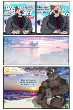 abs anthro areola beach black_clothing black_shirt black_topwear clothed clothing collared_shirt dialogue dress_shirt duo electronics hand_on_table holding_microphone holding_object male microphone muscular muscular_anthro muscular_male news news_report nipples one_eye_closed open_mouth pecs shirt sparkles speech_bubble suit swimwear text topless topwear weather_report white_clothing white_swimwear wink cafeaubandage canid canine canis domestic_cat domestic_dog felid feline felis mammal comic english_text