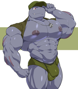 abs anthro areola barazoku biceps big_bulge big_muscles briefs bulge clothed clothing deltoids detailed_bulge dog_tags gesture hat headgear headwear huge_muscles kemono looking_at_viewer male military military_cap muscular muscular_anthro muscular_male navel nipples non-mammal_nipples obliques pecs raised_clothing raised_shirt raised_topwear salute serratus shirt shirt_behind_head simple_background smile solo standing teeth thick_arms thick_thighs topwear underwear maldu nintendo pokemon generation_1_pokemon machoke pokemon_(species) 2025 absurd_res hi_res