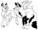 ambiguous_gender digitigrade duo eyebrows eyelashes eyes_closed feathered_wings feathers feral fur head_tuft open_mouth open_smile paws smile tail tuft wings blondefoxy canid canine canis mammal wolf 2006 black_and_white line_art monochrome pen_(artwork) traditional_media_(artwork)