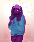 animal_genitalia anthro blush clothing cosmic_flesh cosmic_hair ethereal_hair floppy_ears food genitals hair hoodie inviting long_hair male oversized_clothing oversized_hoodie oversized_sleeves oversized_topwear purple_body purple_hair sheath shy sleeves_past_wrists solo teasing topwear marsaovo saucydiablo pocky liozn_the_spacebun lagomorph leporid mammal rabbit hi_res