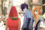 3:2 absurd_res animate_inanimate anthro blue_eyes breasts canid canine clothed clothing dipstick_ears distracted_boyfriend domestic_cat draw_over duo eipril elisabeth_(eipril) felid feline felis female food for_a_head fox fruit green_eyes hair hi_res human humor looking_back male mammal melon meme multicolored_ears object_head plant rouen_(eipril) watermelon