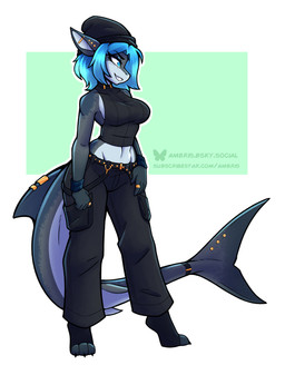 3_toes 5_fingers anthro beanie black_bottomwear black_clothing black_hat black_headwear black_pants black_shirt black_topwear blue_eyes blue_hair bottomwear breasts clothed clothed_anthro clothed_female clothing crop_top digit_ring ear_piercing eyebrows eyelashes feet female female_anthro fingers fully_clothed fully_clothed_anthro fully_clothed_female furgonomic_piercing furgonomics geometric_background gold_(metal) gold_jewelry hair hat headgear headwear industrial_piercing jewelry midriff navel non-mammal_breasts non-mammal_navel pants piercing sharp_teeth shirt short_hair simple_background smile solo tail tail_piercing teeth text toes topwear wristband ambris erika_(ambris) aquatic fish shark 2026 digital_media_(artwork) hi_res url