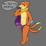 2_tails anthro black_nose blush bulge clothing eyes_closed fur male multi_tail open_mouth orange_body orange_fur purple_clothing purple_speedo purple_swimwear solo speedo swimwear tail text towel wet mr.smile nintendo pokemon kai_(mr.smile) buizel generation_4_pokemon pokemon_(species) 1:1 english_text hi_res