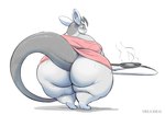 anthro big_butt big_tail biped blue_eyes bottom_heavy bottomless butt clothed clothing cooking cookware drowsy eyewear female food frying_pan fur glasses hair half-closed_eyes holding_frying_pan huge_butt huge_hips huge_thighs kitchen_utensils long_tail looking_at_viewer looking_back mature_female narrowed_eyes obese obese_anthro obese_female off_shoulder overweight overweight_anthro overweight_female pancake prehensile_tail rear_view red_clothing red_shirt red_topwear round_glasses shirt simple_background solo standing tail thick_thighs tools topwear topwear_only waking_up white_background wide_hips gillpanda nintendo pokemon deecie_(character) alolan_form alolan_raichu generation_1_pokemon generation_7_pokemon mammal pokemon_(species) regional_form_(pokemon) rodent 2022 digital_media_(artwork) hi_res partially_colored signature