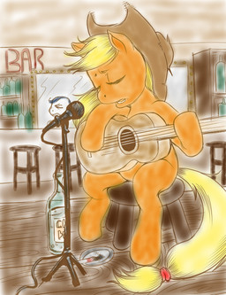 acoustic_guitar alcohol anthro anthrofied bar beverage blonde_hair cigarette clothing detailed_background electronics female food furniture guitar hair hat headgear headwear hoof_hands microphone microphone_stand mirror musical_instrument plucked_string_instrument semi-anthro solo stool string_instrument tail toony unknown_artist friendship_is_magic hasbro my_little_pony applejack_(mlp) earth_pony equid equine horse mammal pony