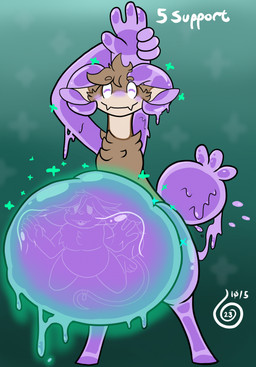 abdominal_bulge ambiguous_gender ambiguous_pred ambiguous_prey anthro anthro_pred anthro_prey belly big_belly blush brown_body brown_fur cheek_tuft chest_tuft curled_horn duo embedded_in_goo endosoma eyes_closed facial_tuft fur glowing glowing_belly goo_drip goo_horn goo_tail gradient_background green_background hair head_tuft healing_magic healing_vore horn huge_belly inside_stomach internal narrowed_eyes open_mouth open_smile oral_vore purple_blush purple_body purple_inner_ear safe_vore simple_background smile standing tan_body tan_fur teeth text translucent translucent_body tuft vore dezzykitsune voretober mint_(dezzykitsune) gloop_(chewla) goo_creature mammal mouse murid murine rodent 2023 dated english_text hi_res male_(lore)