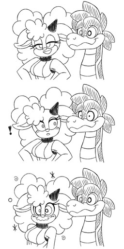 blush breasts choker clothing duo exclamation_point female fur happy horn humor jewelry looking_at_another male mind_control necklace open_mouth shirt topwear wool_(fur) snakeythingy idw_publishing sega sonic_the_hedgehog_(comics) sonic_the_hedgehog_(idw) sonic_the_hedgehog_(series) unamused_friend_comic_(meme) lanolin_the_sheep_(sonic) solis_(snakeythingy) bovid caprine mammal reptile scalie sheep snake absurd_res black_and_white digital_drawing_(artwork) digital_media_(artwork) hi_res line_art meme monochrome sequence