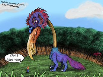 beak extreme_size_difference feathers feral long_neck macro size_difference text craftyandy human mammal monster 4:3 absurd_res english_text hi_res