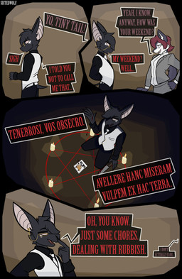 4_panel_comic 5_fingers angry anthro big_ears biped black_body black_clothing black_ears black_fur black_shirt black_text black_topwear cellphone cheek_tuft claws clothing collared_shirt detailed_background dialogue duo ear_piercing electronics eyewear facial_tuft female fence finger_claws fingers fur glasses gold_glasses gold_piercing grass head_tuft humor light male markings phone piercing pink_inner_ear plant question_mark red_text review shirt snout sound_effects standing suit text topwear tuft wearing_glasses white_body white_clothing white_fur white_markings white_suit suitedwolfie abigail_(suitedwolfie) cain_(suitedwolfie) bat canid canine canis domestic_dog husky mammal nordic_sled_dog spitz wingless_bat 2026 absurd_res artist_name character_name comic digital_drawing_(artwork) digital_media_(artwork) hi_res shaded watermark